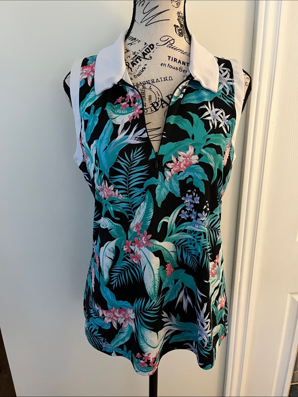 Tommy Bahama Black Tropical Print Sleeveless Polo Tank with Teal & Pink Accents